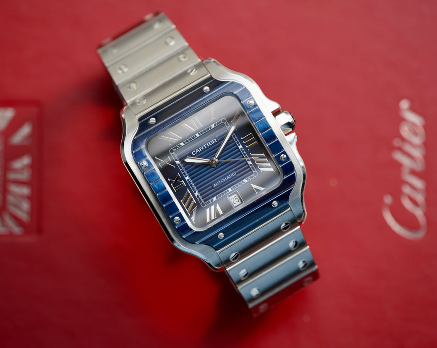 Cartier Santos Blue Dial Blue Bezel Stainless Steel WSSA0048