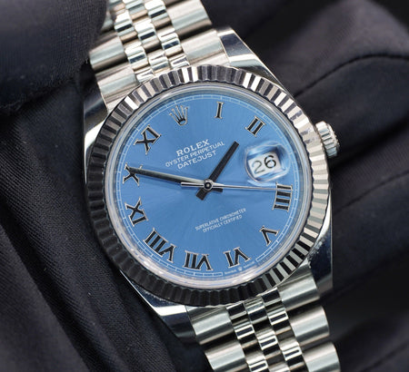 Rolex Datejust 126334 Blue Roman Silver Jubilee Bracelet with Gold Bezel
