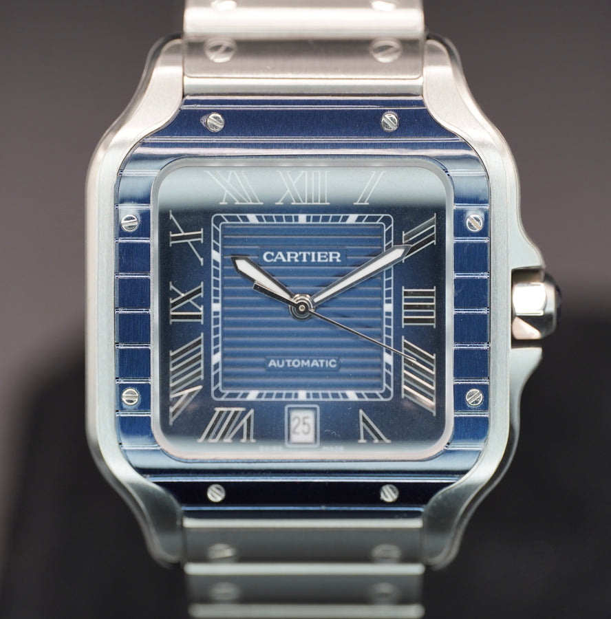 Cartier Santos Blue Dial Blue Bezel Stainless Steel WSSA0048
