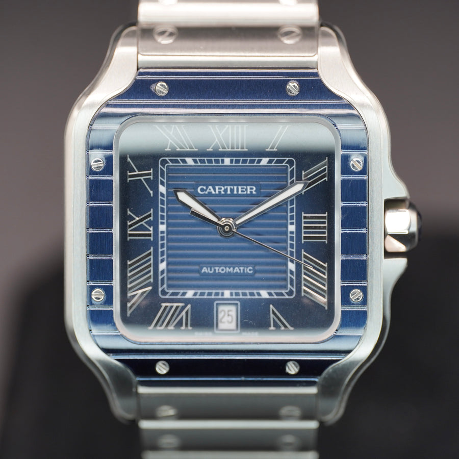 Cartier Santos Blue Dial Blue Bezel Stainless Steel WSSA0048